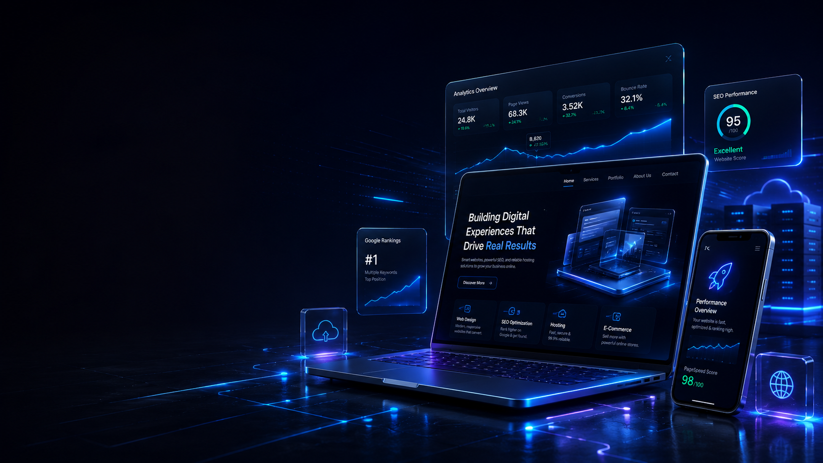 MarioX Web Solutions dashboard showing a website design with live SEO performance and analytics metrics